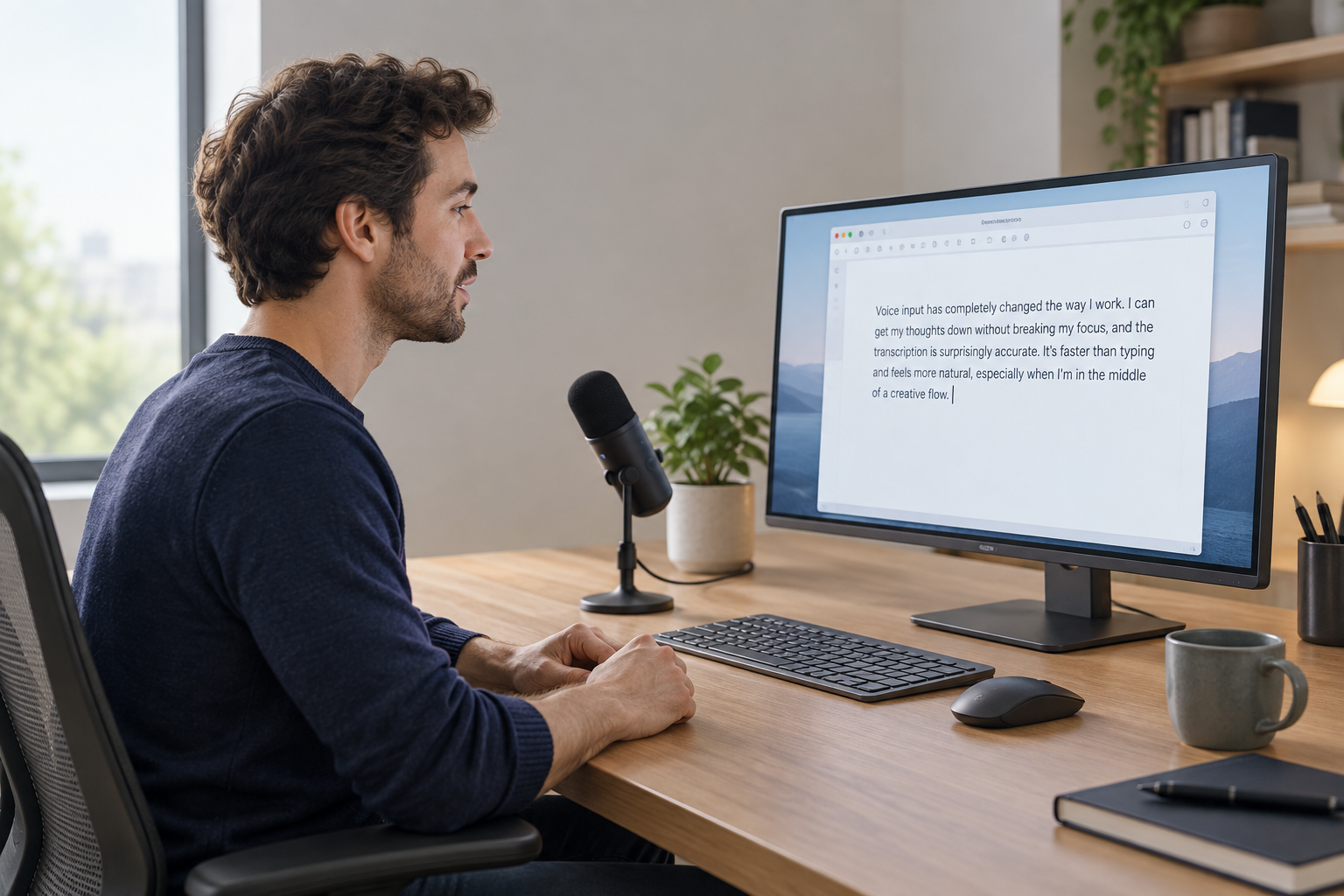 Illustration of Editorial illustration of a writer at a tidy desk dictating with hands resting away from the keyboard, while