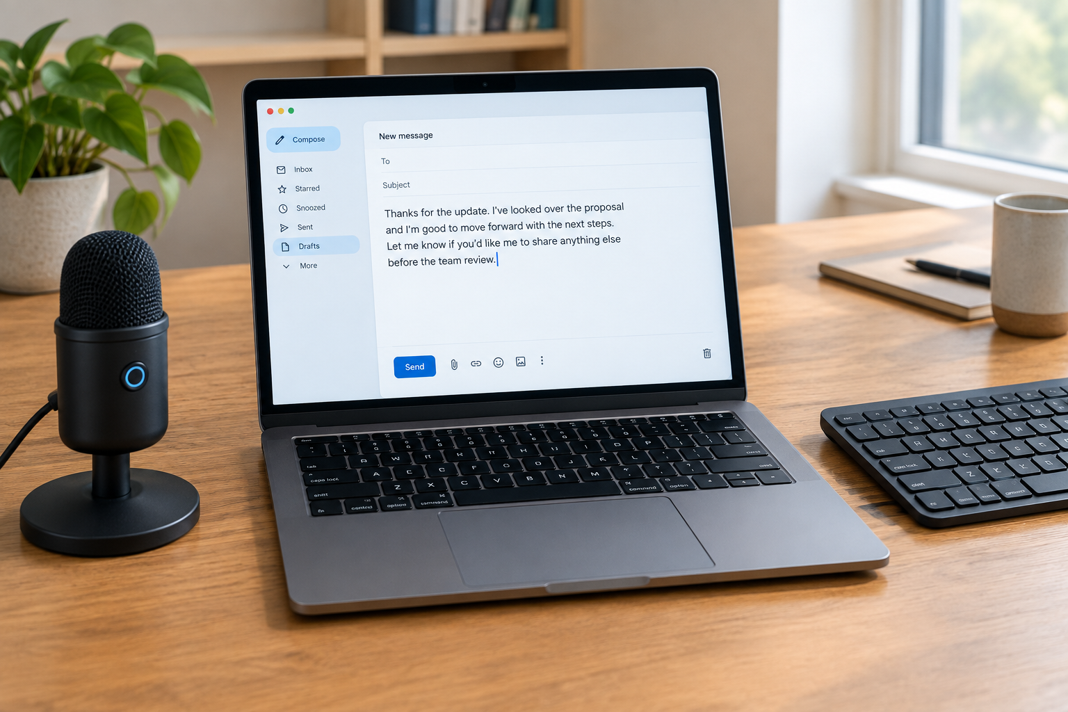 Illustration of Editorial illustration of a laptop on a real desk showing an open email draft with dictated text landing at